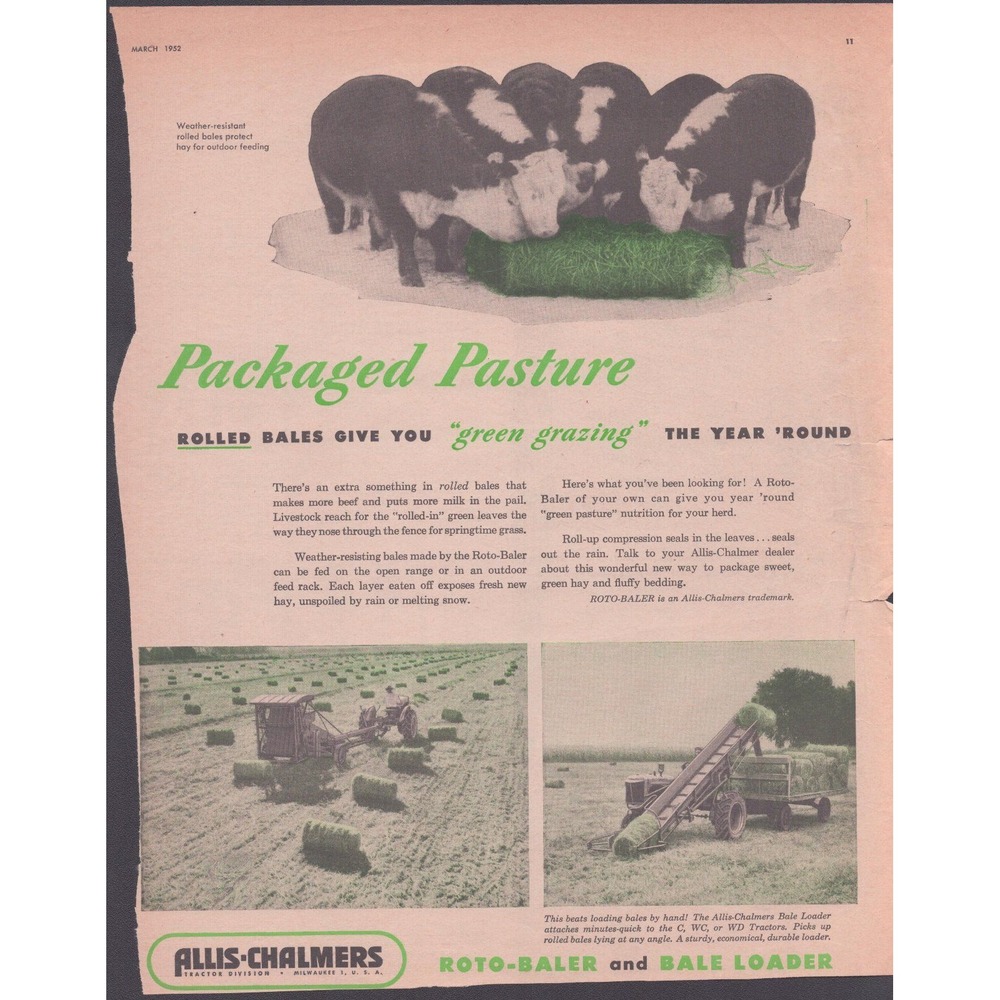 Vintage 1952 Allis-Chalmers Roto-Baler Bale Loader Packaged Pasture Print Ad